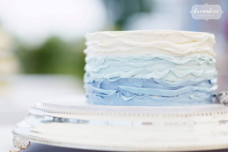Ombre blue wedding cake at this CT wedding on the beach.