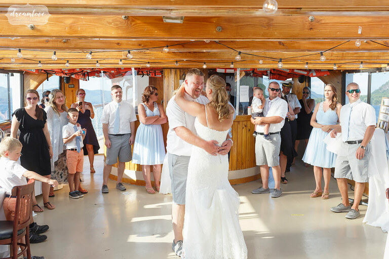 Couple has first dance on wedding boat on Lake George.