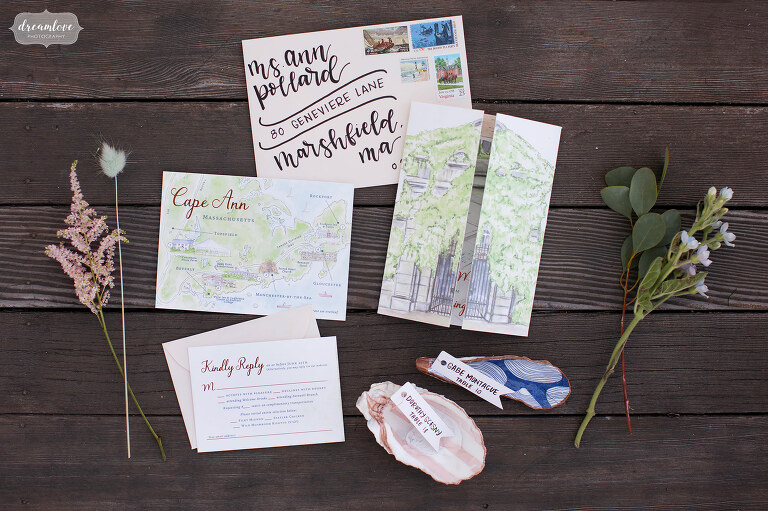Gorgeous luxury wedding invitations with watercolor map for Connemara House wedding.