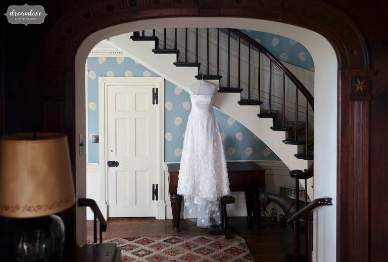 Wedding dress hanging at the Brick House at Shelburne Farms, VT.