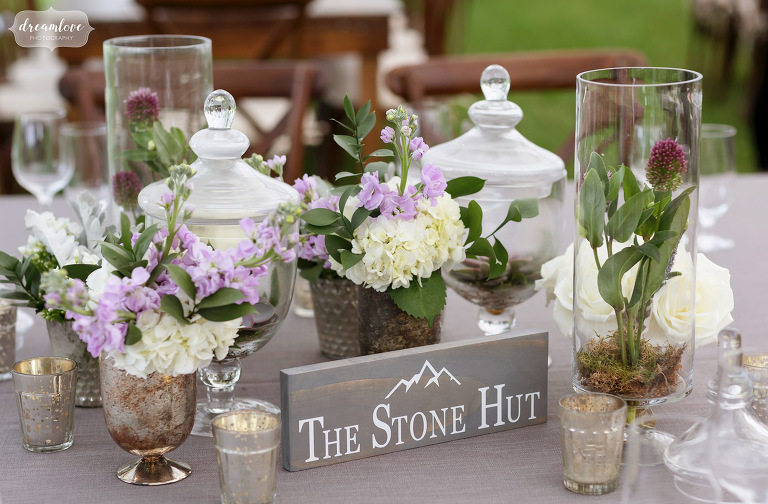 Rustic table decor signs at Shelburne Farms Museum wedding.