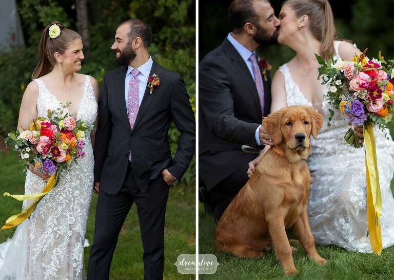Bride and groom with puppy at Franconia wedding venue the Horse and the Hound.