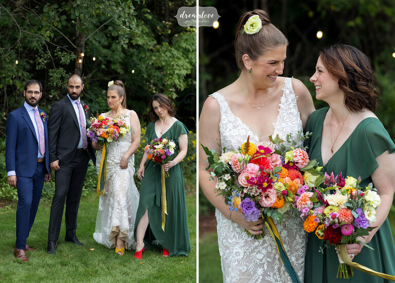 Happy wedding party with colorful flowers at Horse and the Hound.