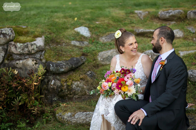 Happy photo of bride laughing by NH wedding photographer.