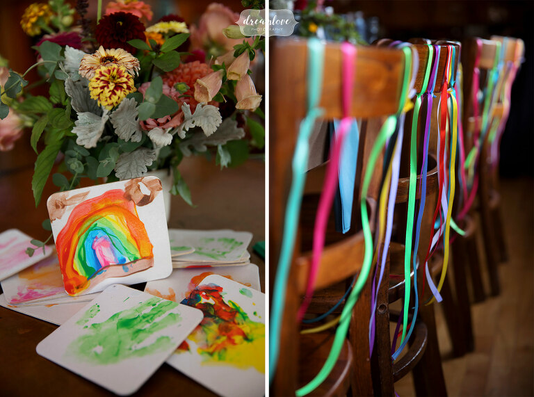 Easy DIY wedding decor with colorful ribbons on backs of chairs.
