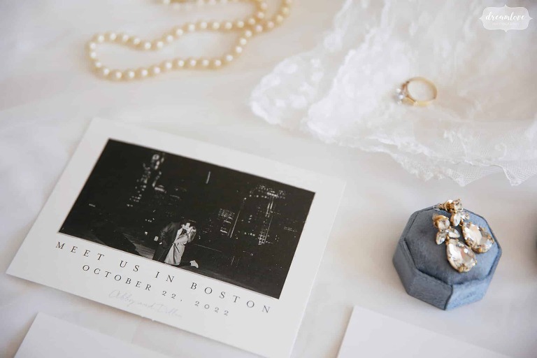 Luxury wedding flat lay photographs of invitations and jewelry for Boston wedding.
